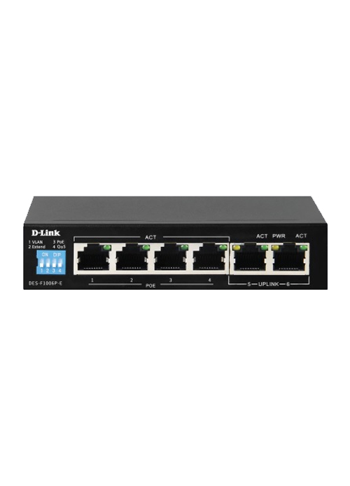 D-Link 6-port 10/100/1000Base-T Unmanaged Long Range 250m PoE+ Surveillance Switch with 4 PoE ports, 60W PoE Power Budget  (UK Plug)