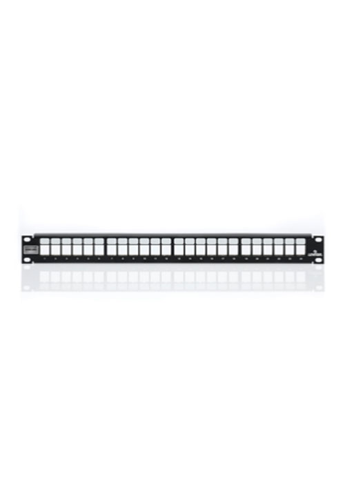 LEVITON QuickPort Shielded Patch Panel – 24-Port, 1RU, Flat, Stainless Steel, Black.