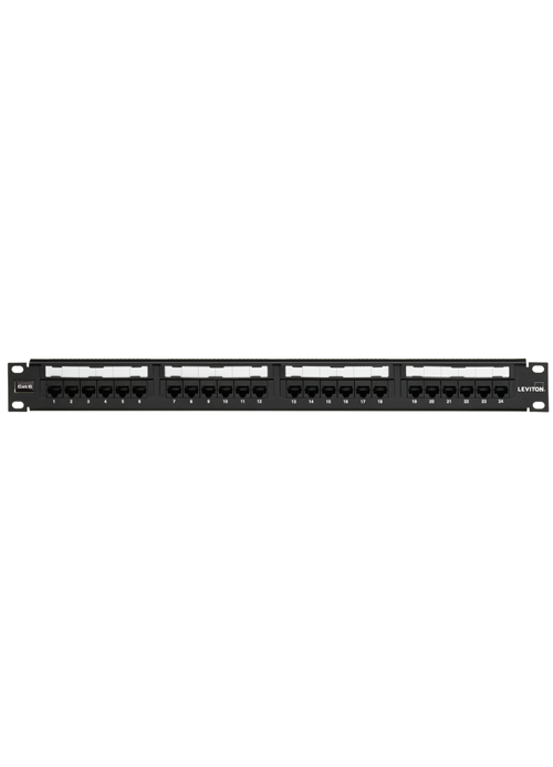 LEVITON - 69586-U24 Cat 6 Flat 110-Style Patch Panel, 24-Port, 1RU, Black with Cable Management Bar