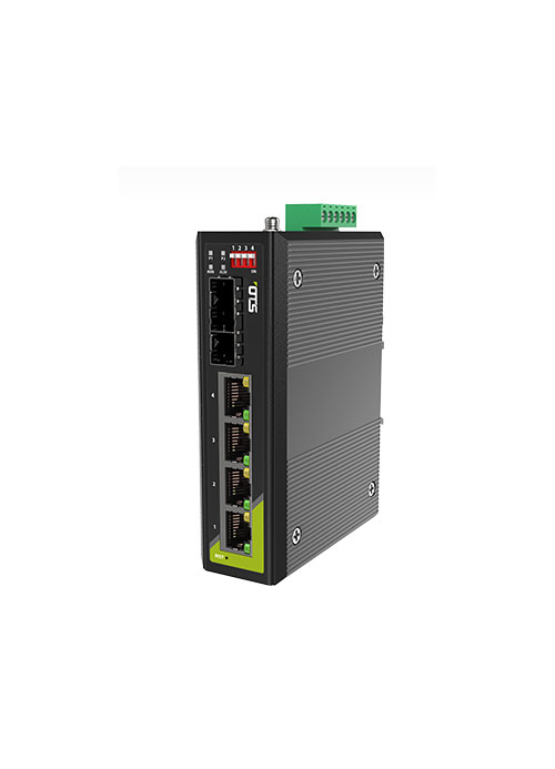 OTS Hardened Grade Lite-Managed 4-port 10/100/1000Base-TX (PoE+) + 2-port 1000Base-SFP Ethernet Switch with Redundant DC Power Inputs.