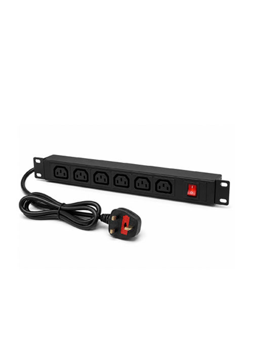 CABCOMM - PDU 19 1U 6 Way IEC C13 PDU with UK Plug, ON/OFF Switch, 16A.